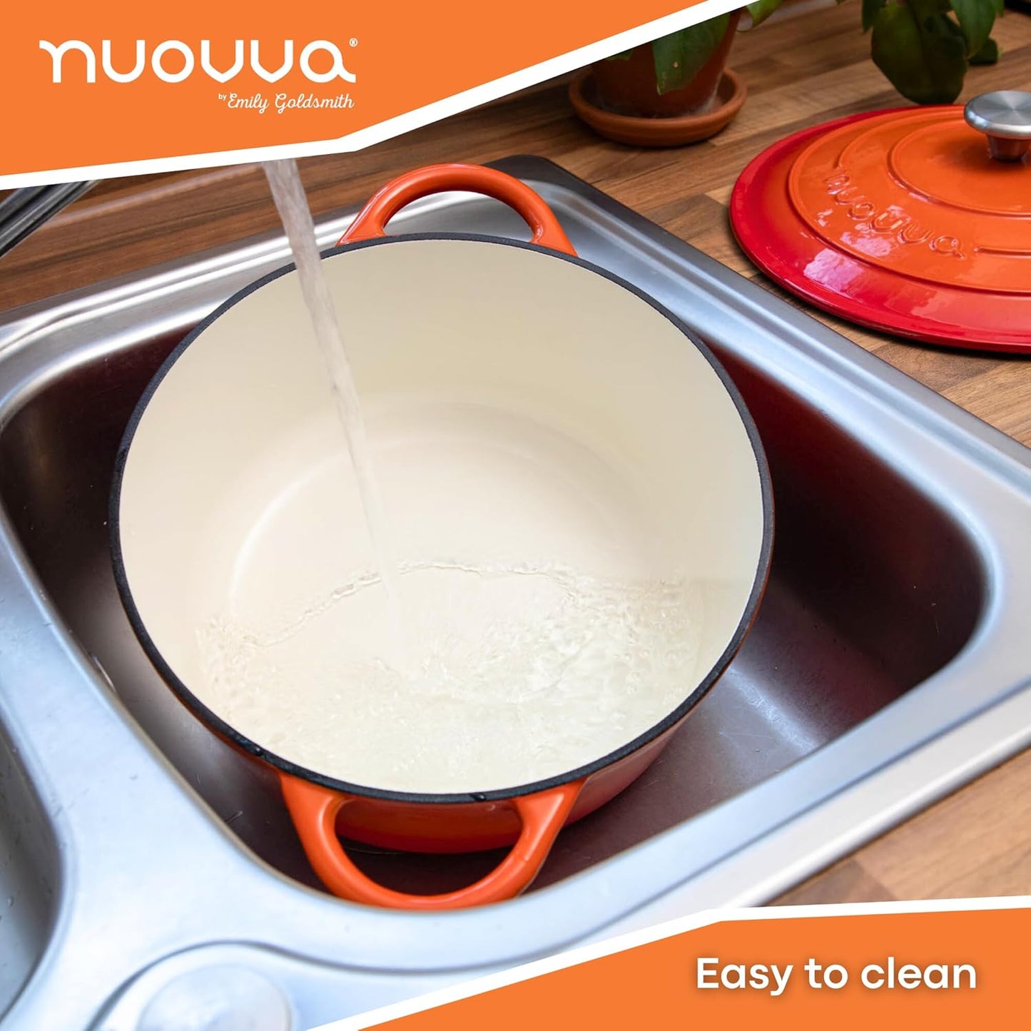 Cast Iron Dutch Oven with Lid – Non-Stick Ovenproof Enamelled Casserole Pot – Sturdy Dutch Oven Cookware – Orange, 7.3-Quart, 30cm – by Nuovva