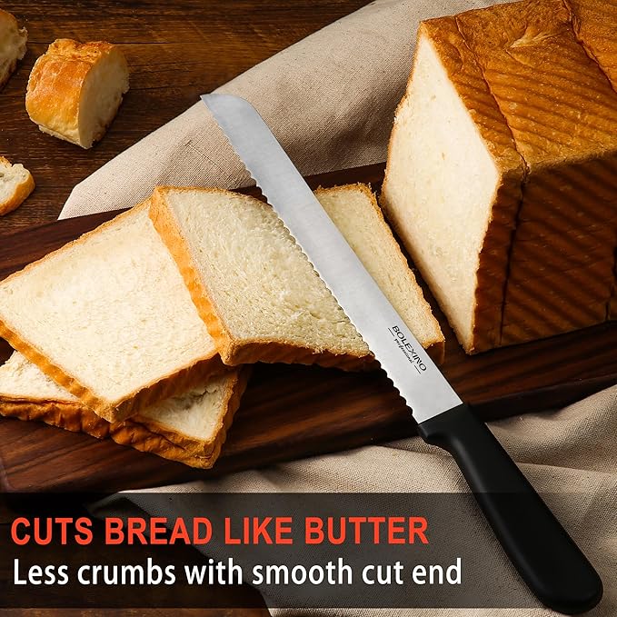 8 Inch Serrated Knife for Homemade Bread With Sheath, Wide Wavy Edge Blade For Bread Cake Cutting Slicing, High-Carbon Japanese Stainless Steel