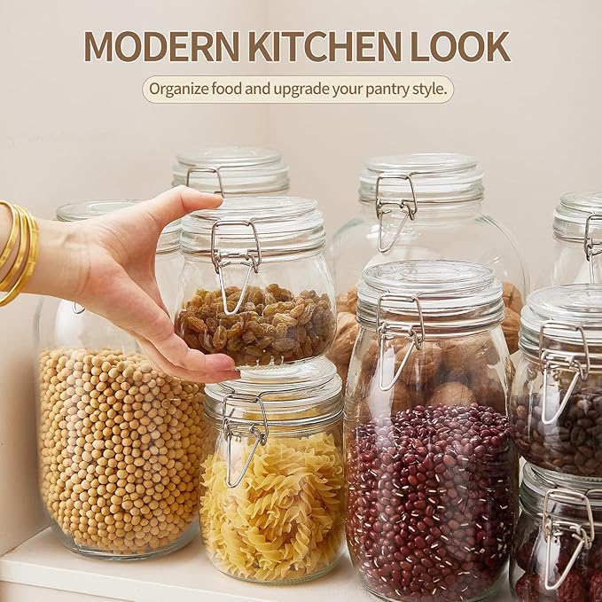 ODBCYWM 34oz Glass Food Storage Jars with Airtight Lids, Set of 4 – Clear Preserving Seal Wire Clip Fastening Canisters for Kitchen Canning, Flour, Cereal, Pasta, Sugar, Beans, Pickling Jars (34oz*4)