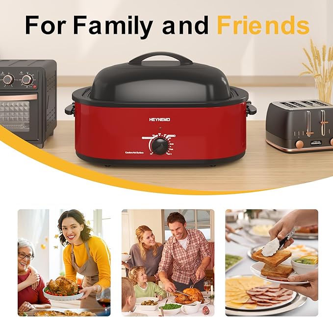 18 Quart Roaster Oven with Self-Basting Lid, Large Electric Turkey Roaster Oven with Defrost & Warm Function, Adjustable Temperature, Removable Pan & Rack, Stainless Steel, Red