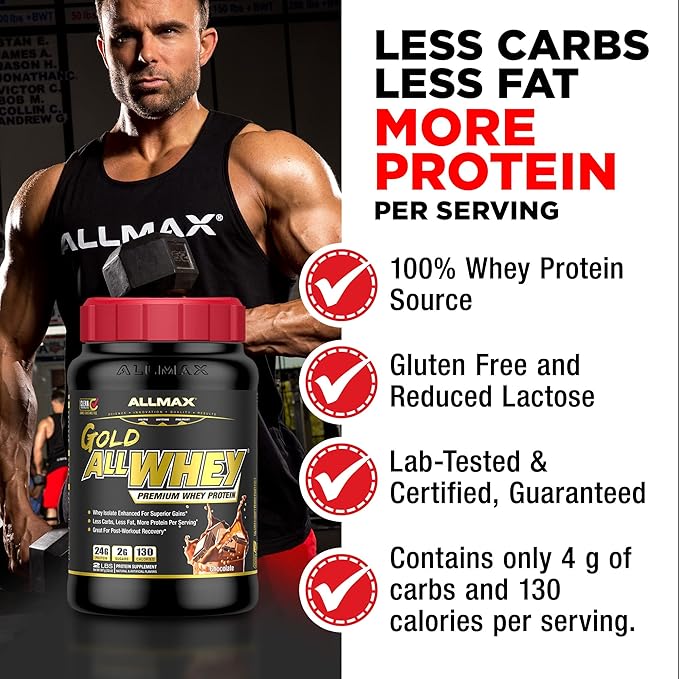 ALLMAX Nutrition Gold ALLWHEY, Chocolate - 2 lb - 24 Grams of Protein Per Scoop - Gluten Free, Low Carb & Low Sugar - Approximate 30 Servings