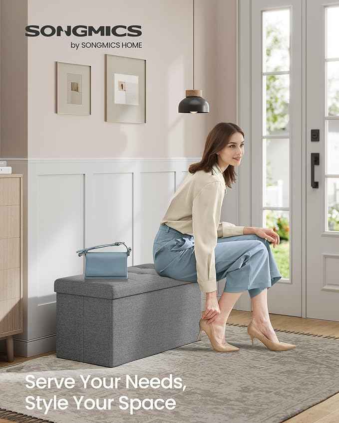 SONGMICS MAZIE Collection - 30 Inches Folding Storage Ottoman Bench, Ottoman Foot Rest, End of Bed Bench, Storage Chest, Load 660 lb, for Living Room, Bedroom, Entryway, Light Gray ULSF47G