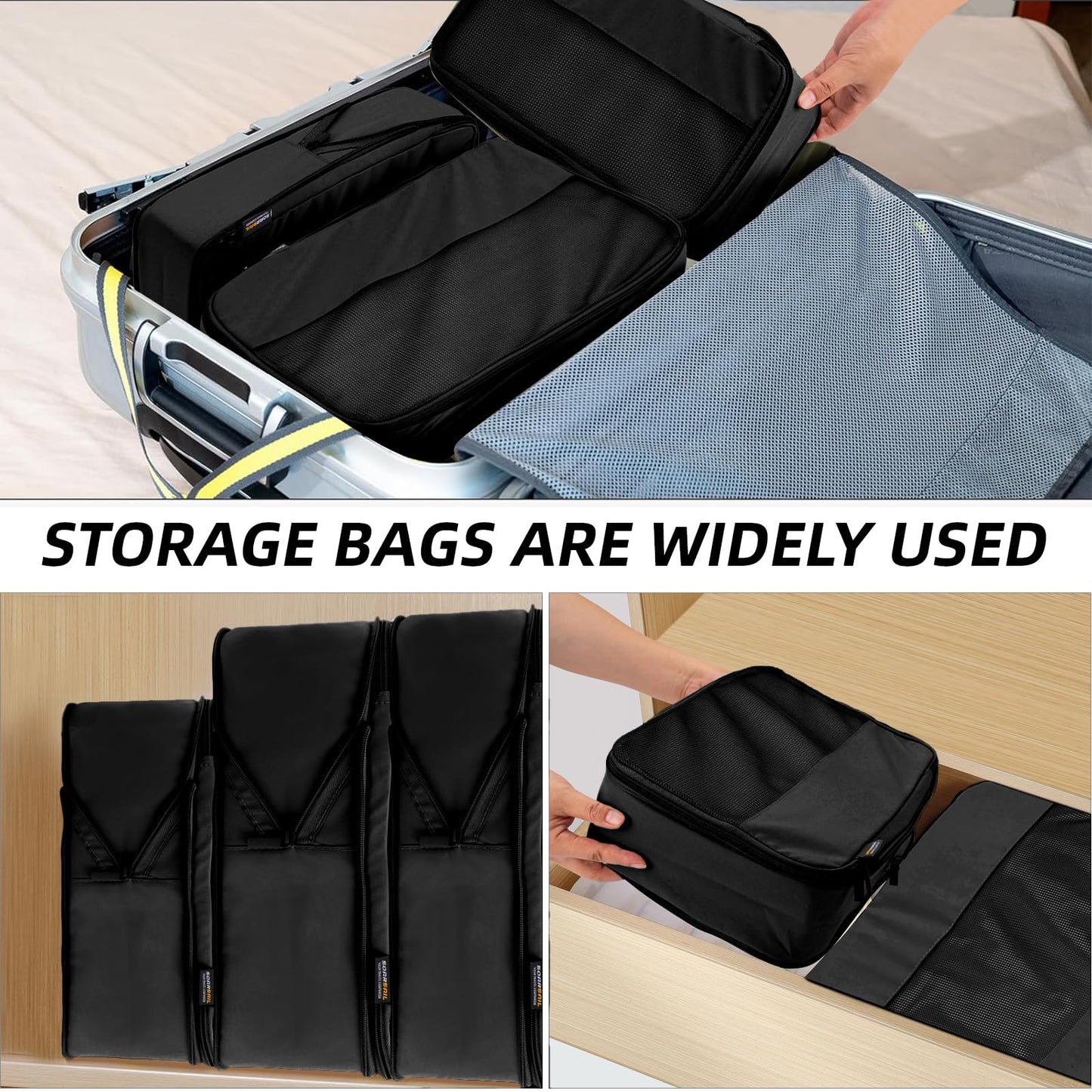 4 Piece Compression Packing Cubes for Suitcases and Backpack, Lightweight Travel Packing Organizers, Space Saving Luggage Bags (Black)