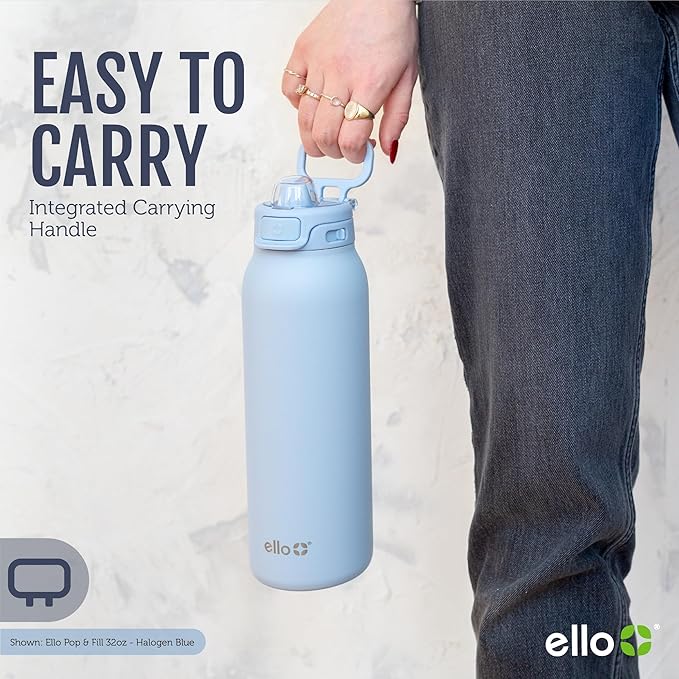 Ello Pop & Fill 32oz Stainless Steel Water Bottle with QuickFill Technology, Double Walled and Vacuum Insulated Metal, Leak Proof Locking Lid, Straw and Chug, Reusable, BPA Free, Strawberries