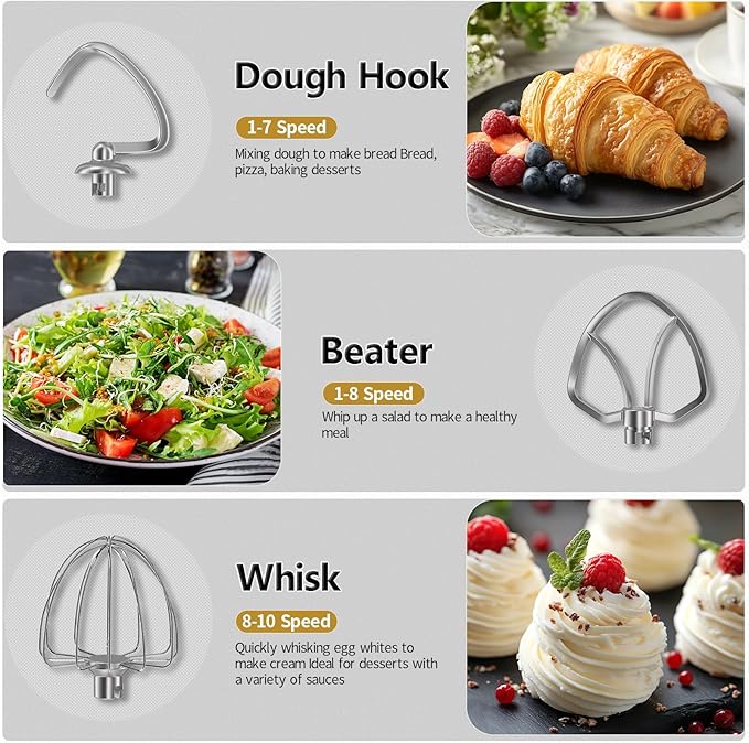 Vezzio Stand Mixer,6 Quarts,10-Speed Tilt-Head,Kitchen Food Mixer with Stainless Steel Bowl,Dough Hook,Whisk, Beater,Egg White Separator (Silver)
