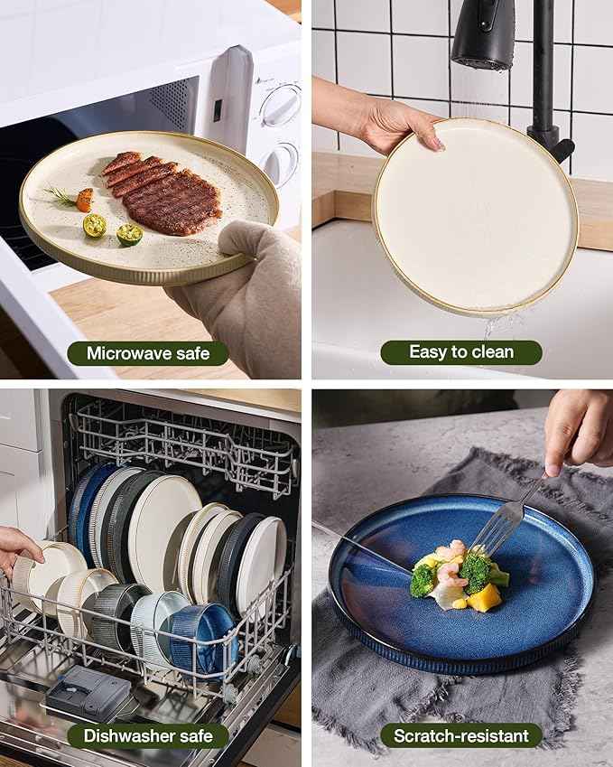 Famiware Star Dinnerware Set with Pasta Bowls, Service for 6 (24 Pieces), Ribbed Stoneware Plates and Double Bowls Sets with Trim - Chip & Scratch Resistant, Microwave & Dishwasher Safe Dishes, White