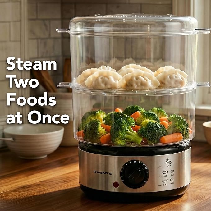 OVENTE 2-Tier Electric Food Steamer, 5 Quart Stainless Steel Stackable Steam Cooker with 400W Power, 60-Minute Timer & Auto Shut-Off, Dishwasher Safe, Healthy Vegetable & Seafood Steamer, Silver FS62S