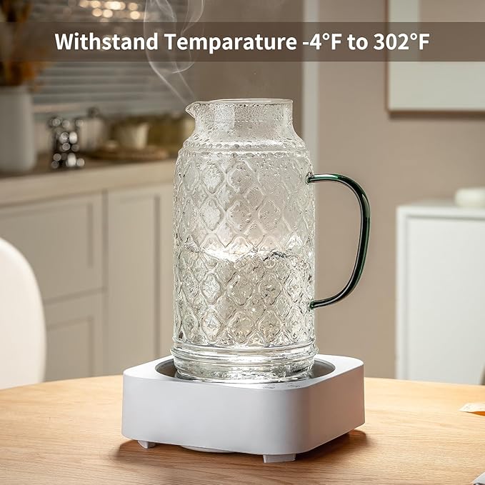 Buaic Glass Pitcher with Lid, 68 oz/2 Liter Vintage Water Pitcher, Clear Borosilicate Glass Water Carafe for Cold Brew, Coffee, Lemonade, Iced Tea, Juice, Beverage, Heat Resistant Water Glass Jug