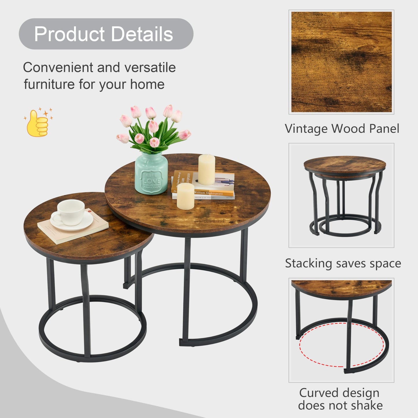 Hoctieon Nesting Coffee Tables, Round Nesting Tables Set of 2, End Tables, Stacking Nesting Tables for Living Room, Circle Coffee Tables, Side Tables Wooden Table Top, Rustic Brown