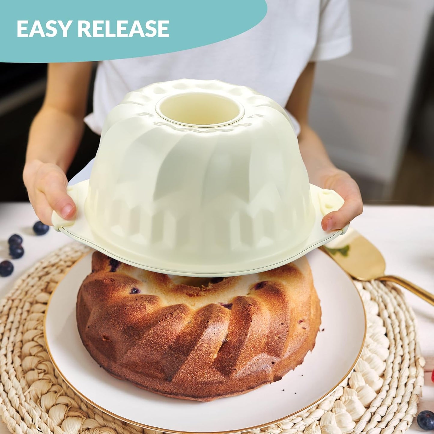 Boxiki Kitchen Premium Non-Stick Fluted Cake Pan - Ceramic Bakeware for Perfect Pound Cakes, Chocoflan & More - Durable & Easy Release
