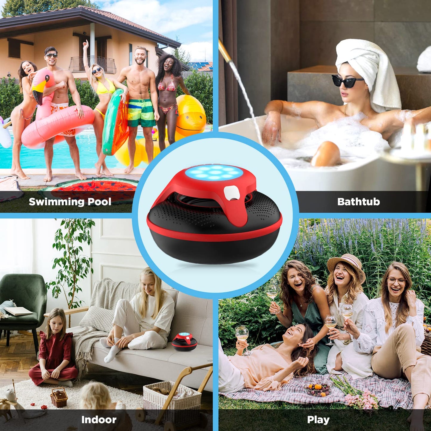 Portable Bluetooth Speakers,Wireless Floating Speaker Stereo with Waterproof IPX7 and Colorful LED Light,10 Meters Bluetooth Range Shower Speaker for Outdoor Pool Hot Tub Gifts (Red and Black)