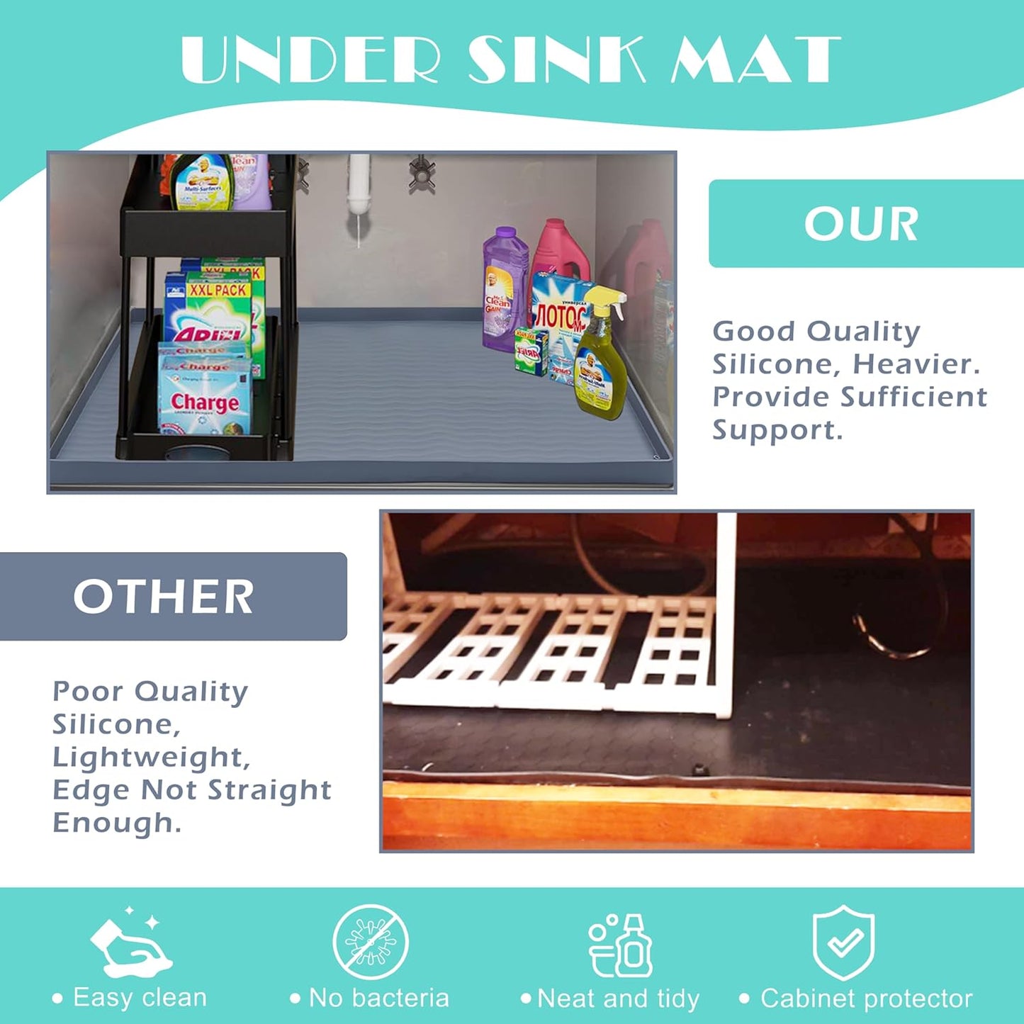 URMONA Waterproof Silicone Under Sink Mat 34'' x 22'' Shelf Liner for Kitchen and Bathroom, Cabinet and Counter Protector, Storage and Organizers, Litter Mat, Pet Cat Puppy Essentials(Black)