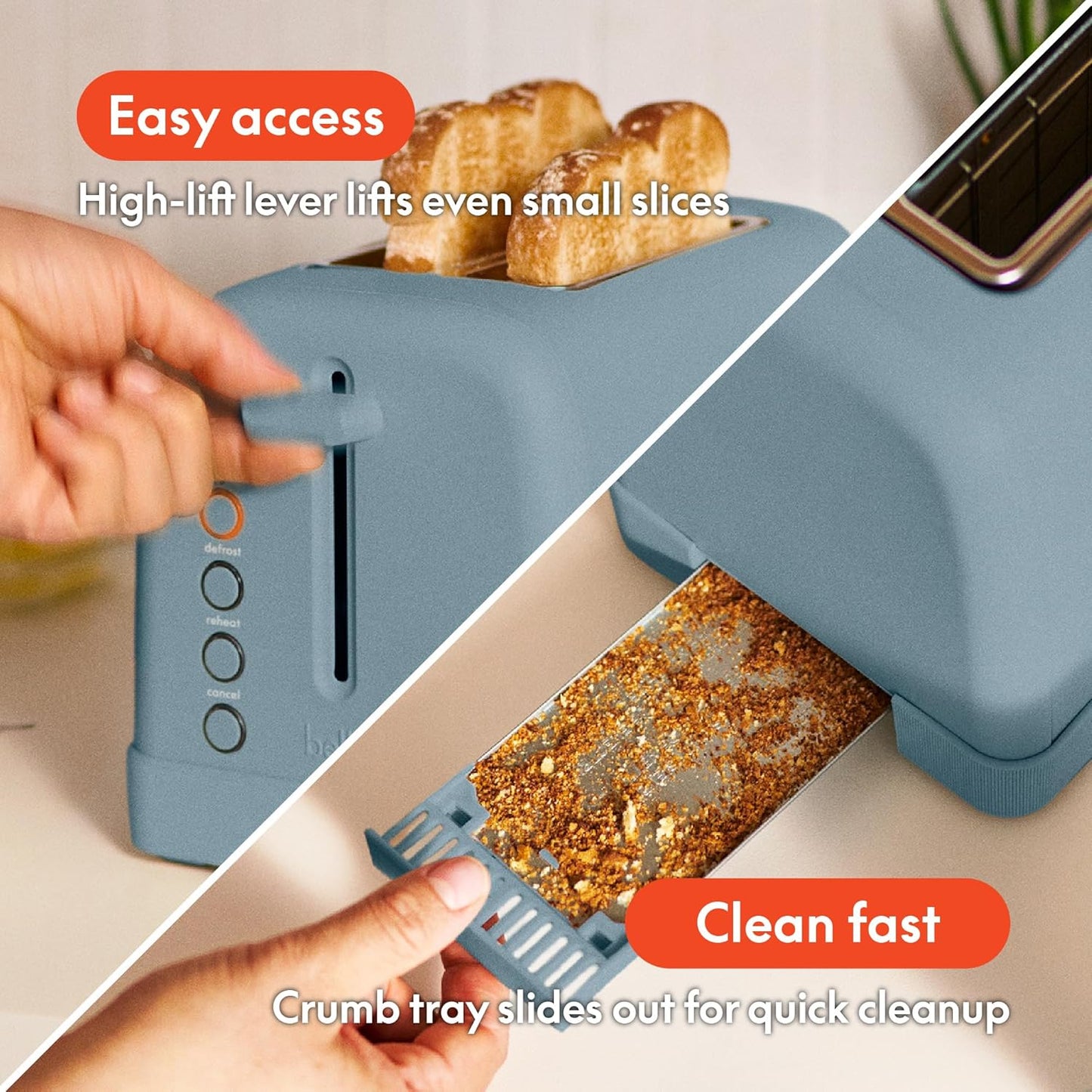 bella 2 Slice Toaster, 6 Setting Shade Control w Reheat, Cancel, Bagel & Defrost Buttons, Removable Crumb Tray, Anti Jam & Auto Shutoff, Auto Centering Guides & Cord Wrap, 900 Watt, Surf