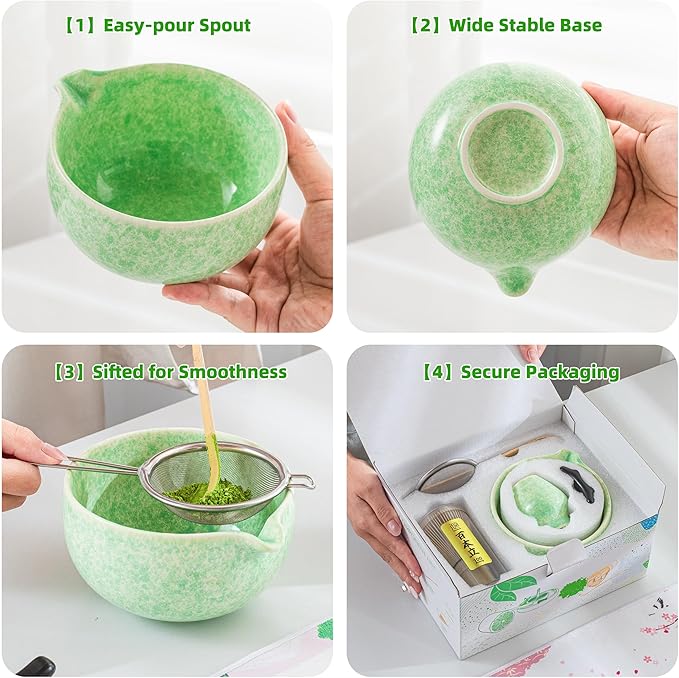 TEANAGOO Matcha Whisk Set,7 Pcs Matcha Set Green,Ceremony Matcha Kit,Matcha Tea Set for Making Latte,Ceramic Bowl(chawan) whith Spout and Whisk,Gift for Matcha Lovers