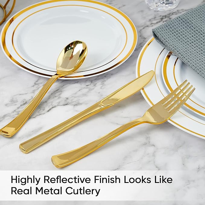 FOCUSLINE 300 Count Gold Plastic Silverware Set - 100 Forks, 100 Knives, 100 Spoons - Heavy Duty Plastic Cutlery Set Disposable Flatware for Catering, Parties, Dinners, Weddings