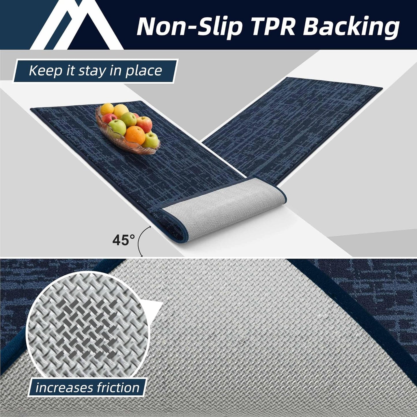 COSY HOMEER Kitchen Rugs 20"x32"+20"x48" Absorbent Soft Kitchen Mats for Floor Non Slip Kitchen Runner Rug Polyester Washable Kitchen Floor Mats for Sink Mat,Hallway,Laundry,Navy Blue