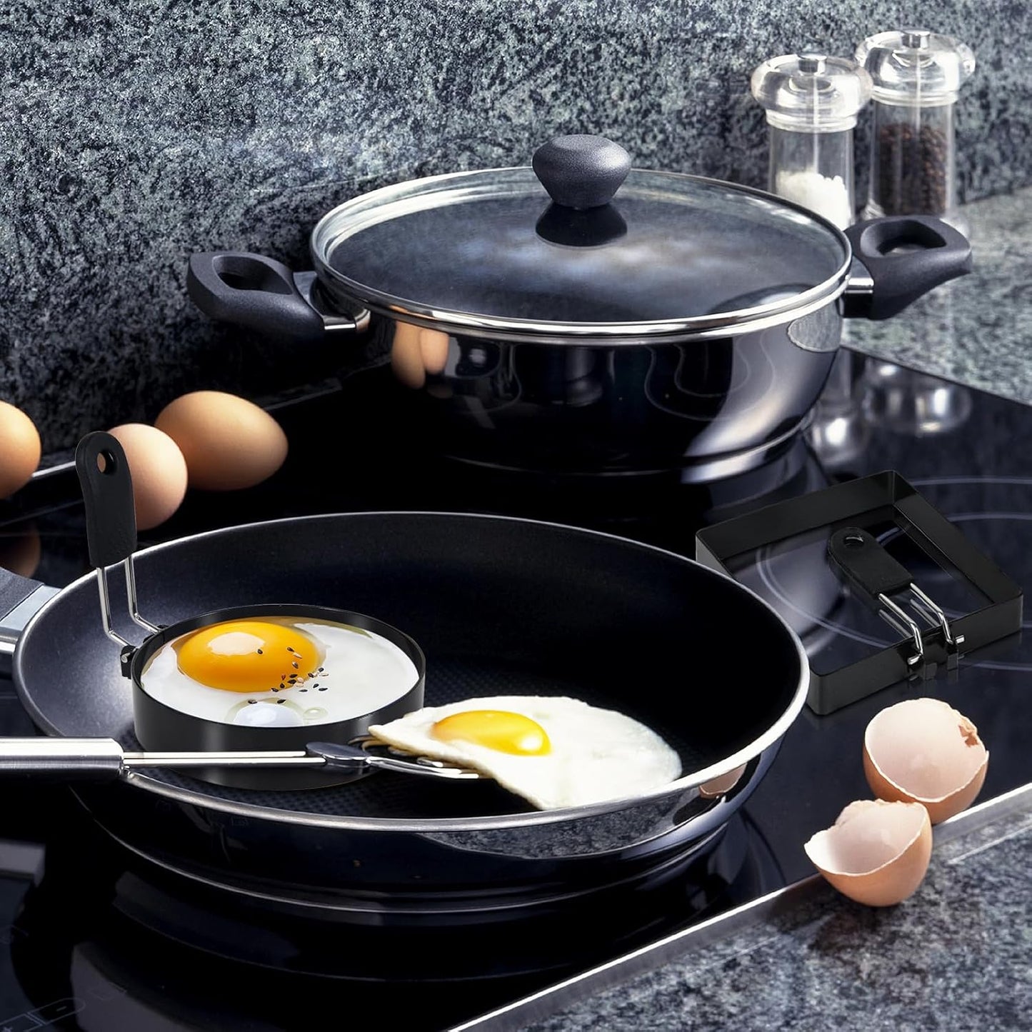 4'' Round+Square Egg Rings Set with Silicone Handle, Stainless Steel Egg Cooking Rings，Nonstick，For Frying Eggs and Egg Mcmuffins, Egg Mold For Breakfast