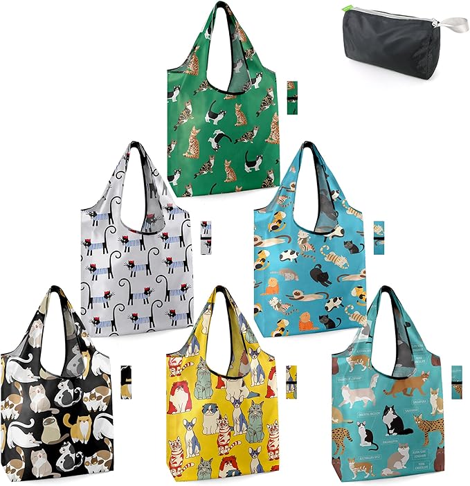 BeeGreen Gifts for Cat Lovers 6 Pack Cats Reusable Grocery Bags with Elastic Band Reusable Shopping Bags Bulk 50LBS X-Large Foldable-Machine Washable-Heavy Duty Kitten Bags
