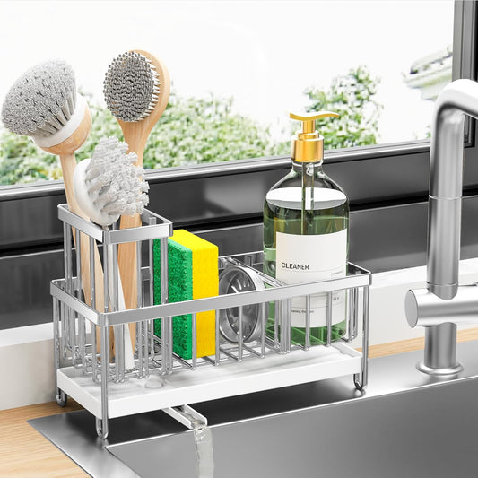 Cisily Silver Sponge Holder for Kitchen Sink, Sink Caddy Organizer with High Brush Holder, Kitchen Countertop Organizers and Storage Essentials, Rustproof 304 Stainless Steel, Soap Dispenser Organize