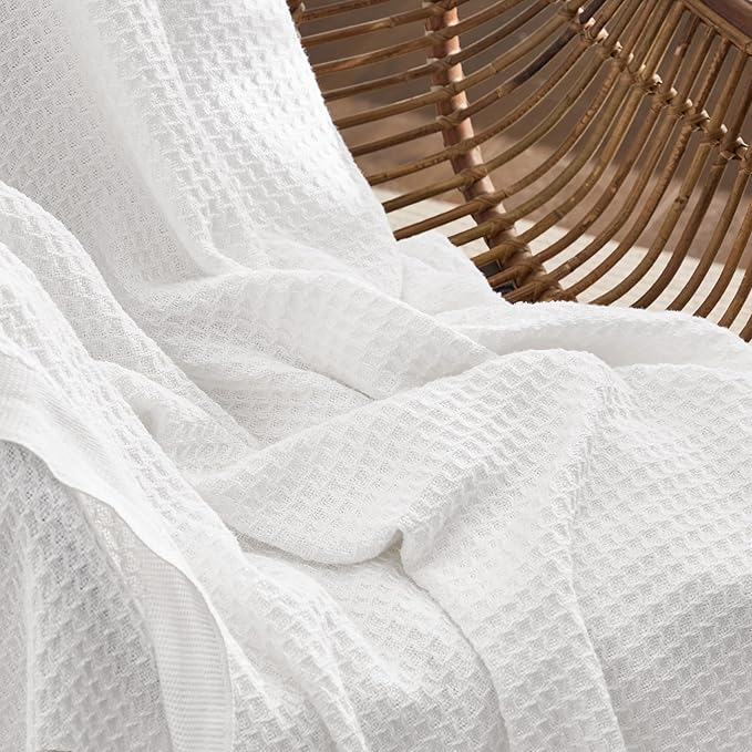 Bedsure 100% Cotton Large Throw Blanket for Couch 50x70 inches - Breathable and Soft, Waffle Weave Throw Blanket for Office, White