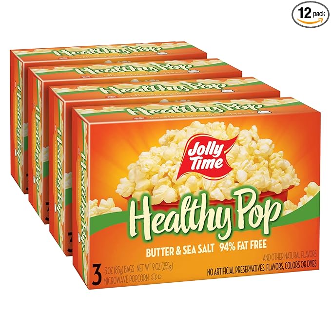 Jolly Time Healthy Pop Buttery Microwave Popcorn, Low Fat Gluten Free Non-GMO, 3oz Sharing Bag, 3 Bags Per Carton (Healthy Pop - Butter & Sea Salt, 3 Ounce (Pack of 12))