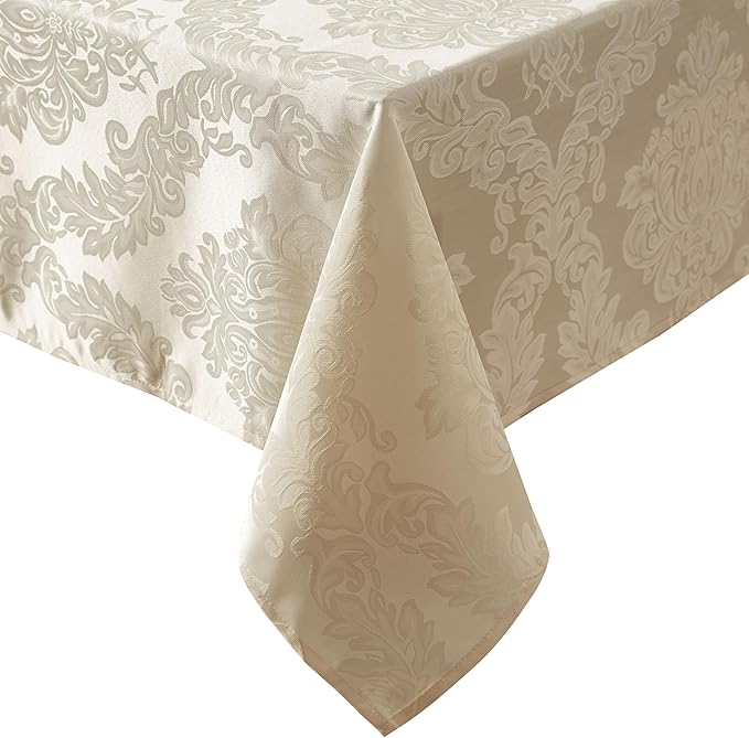 Newbridge Barcelona Luxury Damask Fabric Tablecloth, 60” Wide x 84” Rectangle, Golden Beige, 100% Polyester, No Iron, Soil Resistant Dining Room, Party and Banquet Table Cover