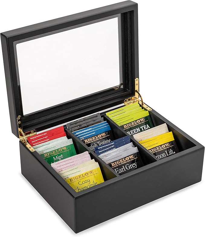 Break Tradition Wooden Tea Organizer For Tea Bags - 6 Compartments, Clear Top Window, Lid Stays Open (Black)