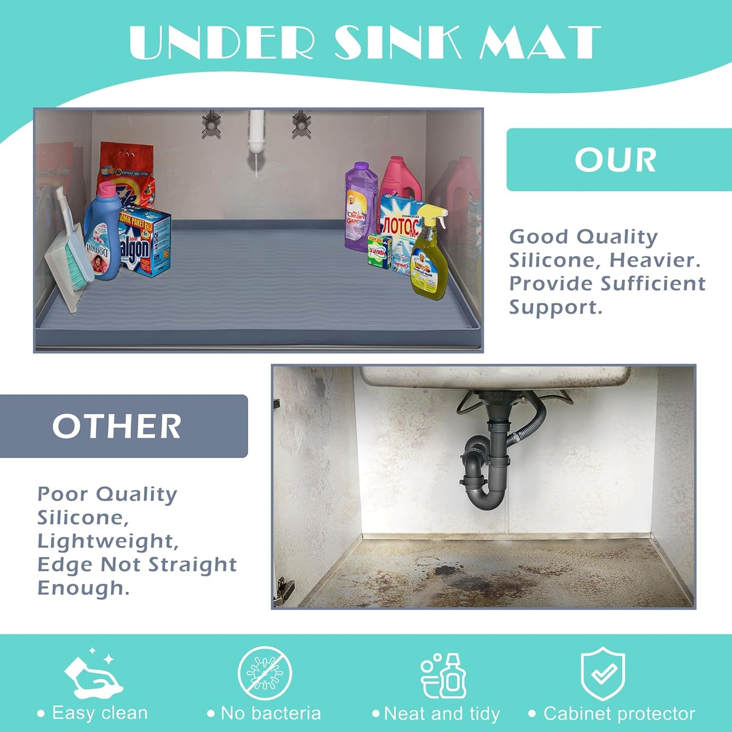 URMONA Waterproof Silicone Under Sink Mat 34'' x 19'' Shelf Liner for Kitchen and Bathroom, Cabinet and Counter Protector, Storage and Organizers, Litter Mat, Pet Cat Puppy Essentials(Black)