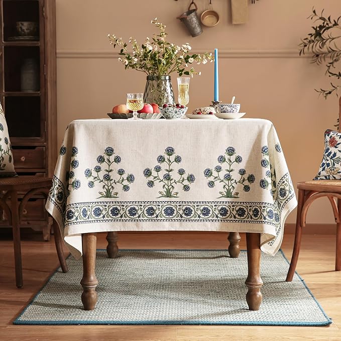 patdrea Designer Linen Vintage Blue Long Rectangle Tablecloth,Leaves Pattern Durable Floral Table Cloth,French Table Cover Cloth Decor for Kitchen Dining,Thanksgiving,Party,63"x102"-Ivar B
