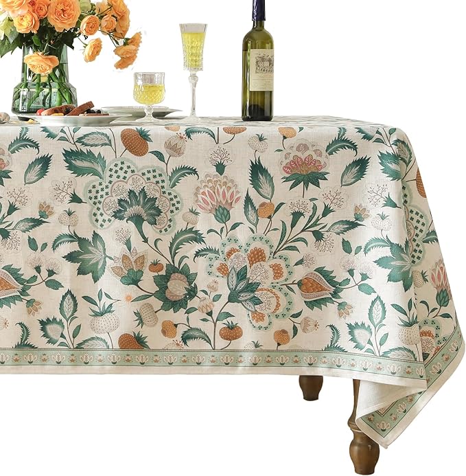 patdrea Designer Green Extra Long Rectangle Table Cloth,Italian Floral Country Linen Breathable Tablecloth,Decor Cover for Kitchen Dining,Christmas,Tea Party,Thanksgiving,63"x110"-Tree Life