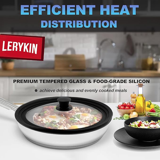 Lerykin Tempered Glass Lid - Universal Lid with Heat Resistant Silicone Rim for Pots, Pans and Skillets - Pan Cover Replacement Lid Fits 9.5", 10" and 11" Diameter Cookware