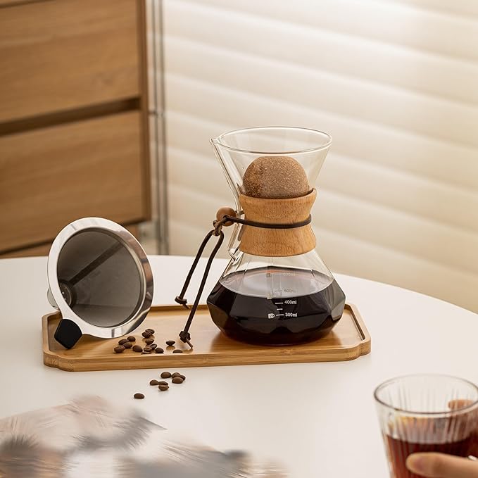 Pour Over Coffee Maker With Wood Sleeve，20oz/600mlPour Over Coffee Dripper,Pour Over Coffee Maker Set With Cork Stopper (20oz/600ml)