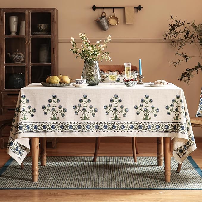 patdrea Designer Linen Vintage Blue Rectangle Tablecloth,Leaves Pattern Anti-Wrinkle Floral Table Cloth,French Decor Table Cover for Kitchen Dining,Christmas,Thanksgiving,Party,55"x87"-Ivar B
