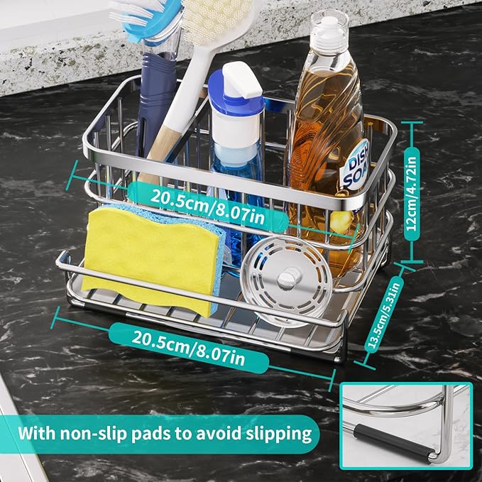 HapiRm Kitchen Sink Organizer, SUS304 Stainless Steel Rustproof Multifunctional Large Sink Caddy with Sponge Holder and Drain Tray for Kitchen Countertop (Silver)