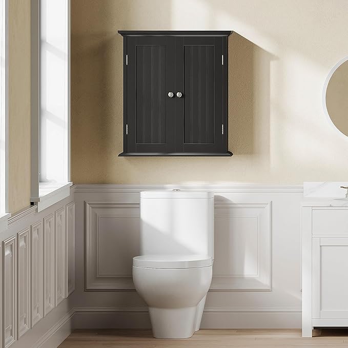ChooChoo Bathroom Wall Cabinet, Over The Toilet Space Saver Storage Cabinet, Medicine Cabinet with 2 Door and Adjustable Shelves, Cupboard, Black