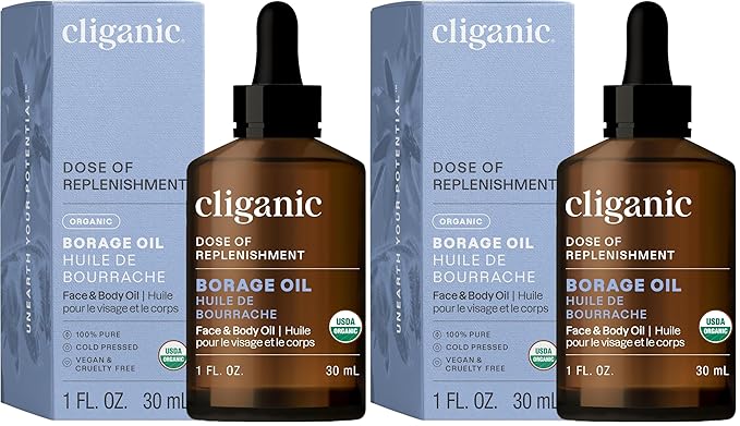 Cliganic Organic Borage Seed Oil for Face, 100% Pure (1oz) - Natural Non-GMO Cold Pressed (Packaging May Vary) (Pack of 2)