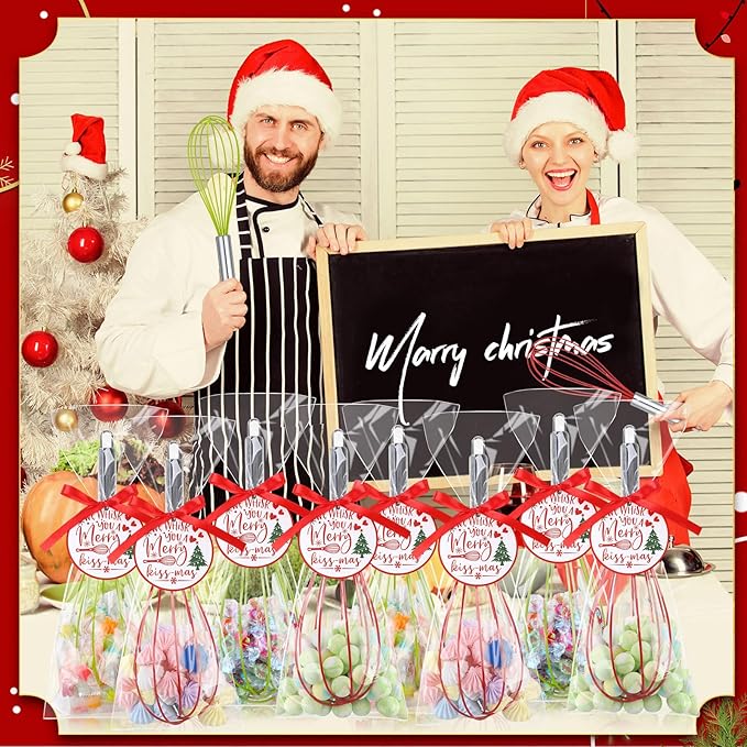 16 Sets 12 Inch Christmas Whisks Gifts DIY Fillable Christmas Tree Ornaments Xmas Colored Silicone Whisks for Cooking Heat Resistant Egg Beaters with Card Rope Bag for Candy Holder