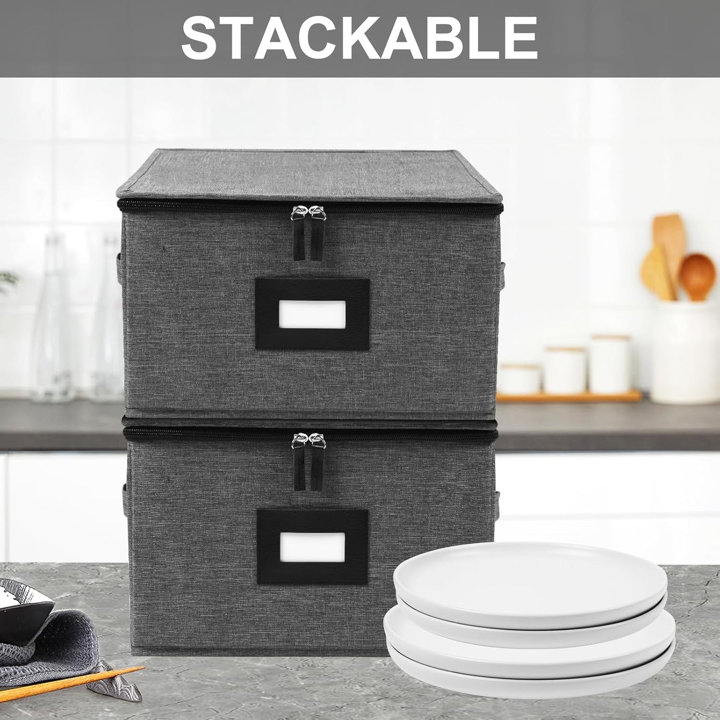 Mayniu China Storage Containers Hard Shell, 12" Plate Storage Containers for Dishes, Stackable Dinnerware Storage with 24 Felt Dividers (2 Pack Black)