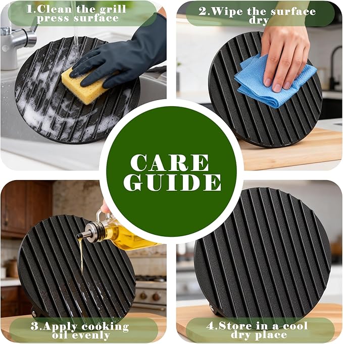 Heavy Duty Cast Iron Griddle Press, 2.2lb 6.7” Round Steak Weight Professional Cooking Press with Wood Handle for Smash Burgers, Sandwich, Bacon, Panini, Vegetables on BBQ, Grid-Patterned