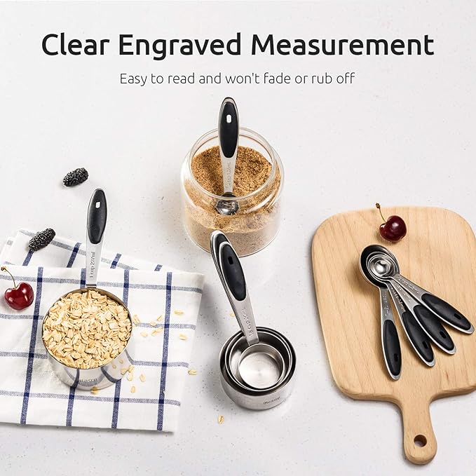 U-Taste 18/8 Stainless Steel Measuring Cups and Spoons Set of 10 Piece, Upgraded Thickness Handle and 1.5oz Heat Resistant Angled Turkey Baster with Cleaning Brush for Cooking Basting (Black)