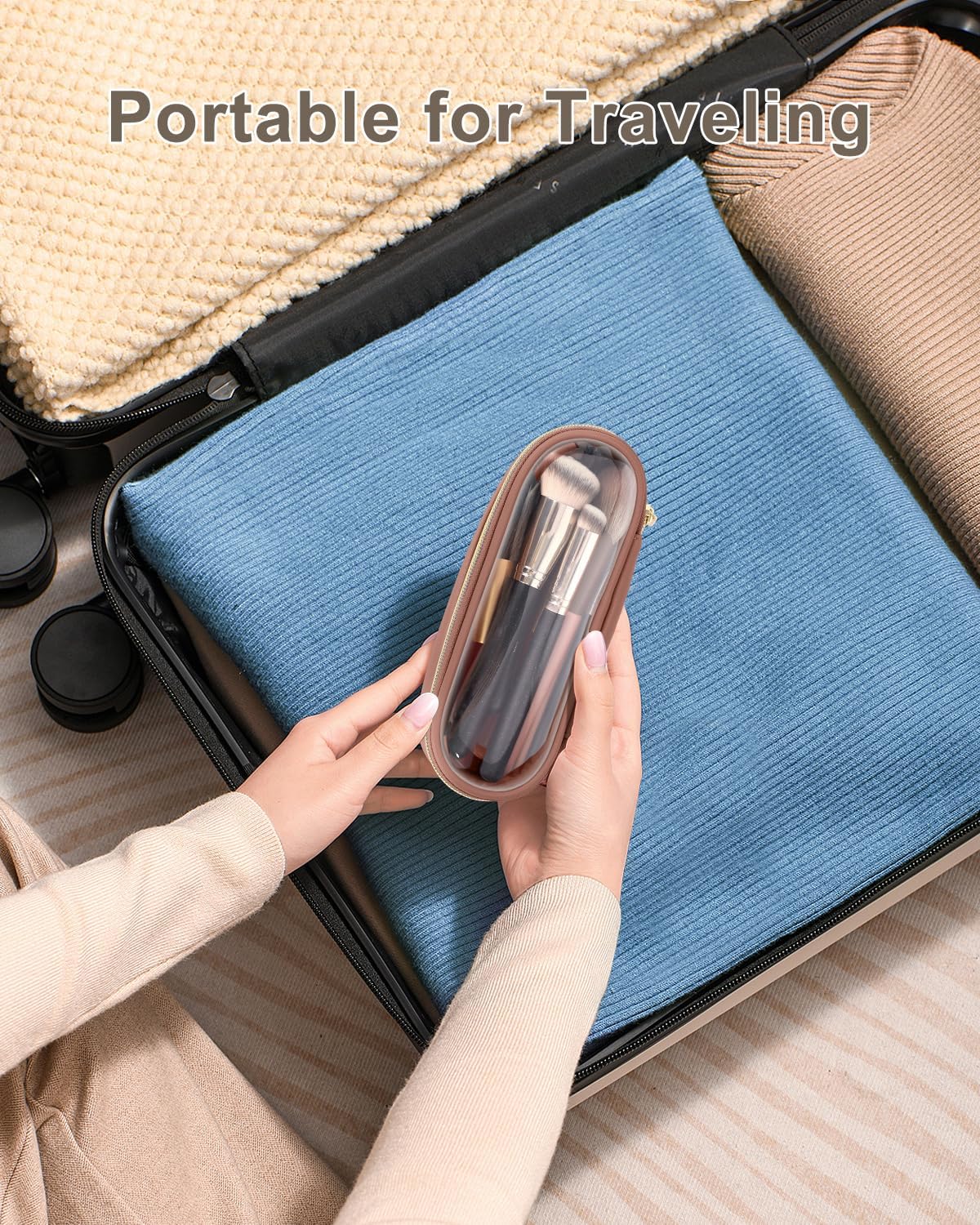 Clear Travel Makeup Brush Holder, Leather Makeup Brush Toiletry Bag, Portable Cosmetic Brush Case, Transparent Waterproof Makeup Brush Storage Bag, Brown