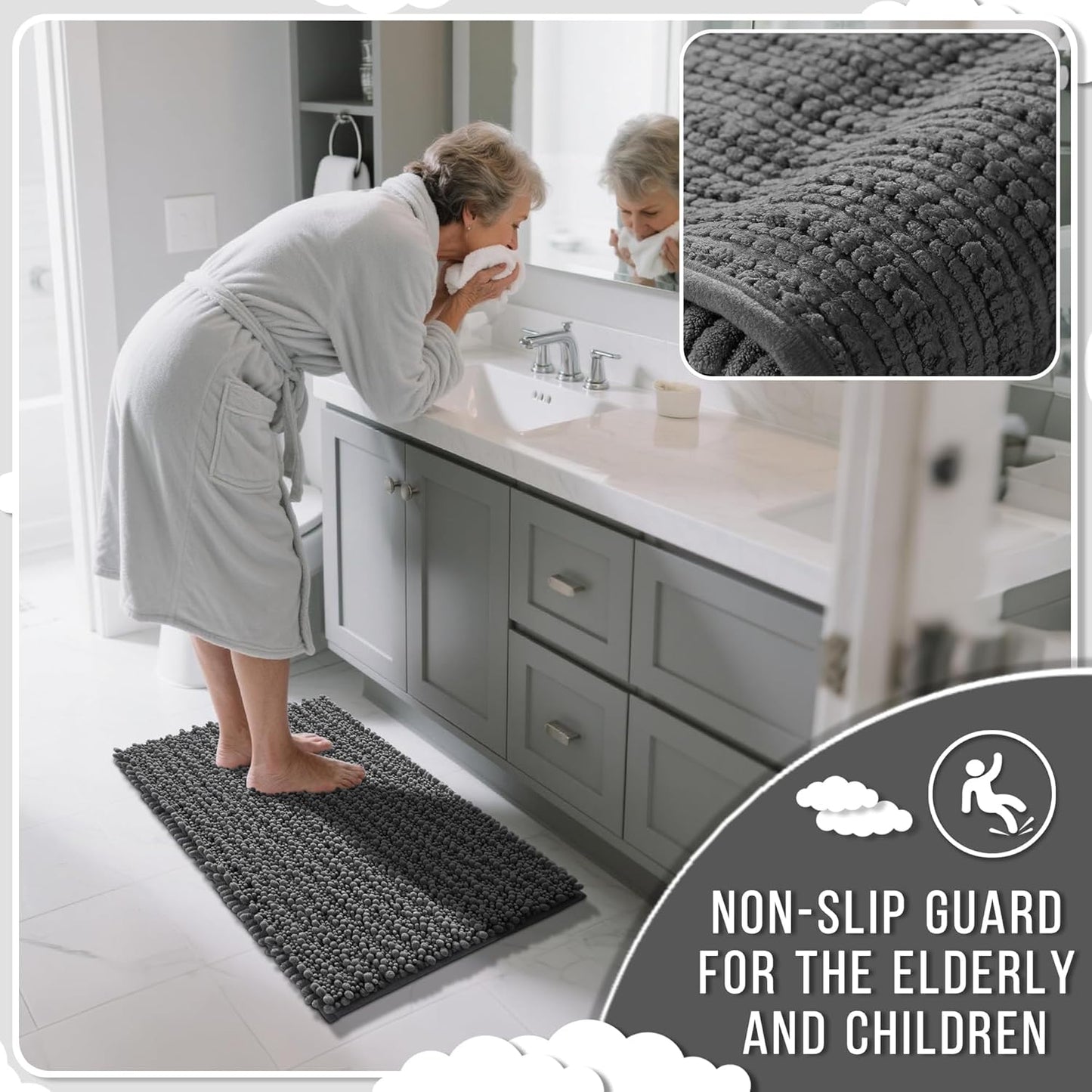 Yimobra Large Bathroom Rugs Non Slip Washable 36x24 Inch - Ultra Soft Absorbent Chenille Bath Mat, Quick Dry Shaggy Floor Carpet for Tub Shower, Dark Gray Home Decor Accessories