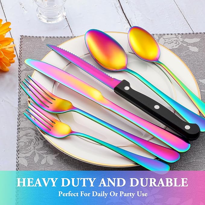 48 Pcs Rainbow Silverware Set with Steak Knives Service for 8,Stainless Steel Flatware Set,Mirror Polished Cutlery Utensil Set, Kitchen Eating Tableware,Include Fork Knife Spoon Set,Dishwasher Safe