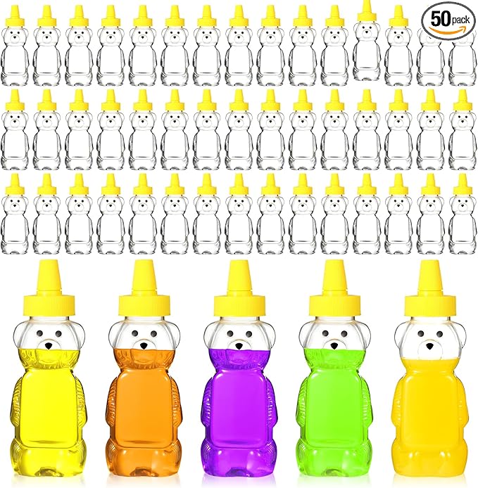 Roshtia 50 Pcs 5 oz Honey Bear Bottles Plastic Empty Clear Squeeze Honey Container Cups Bear Reusable Juice Bottle Bulk with Leak Proof Spout Lids for Storing Dispensing Baby Shower Gifts