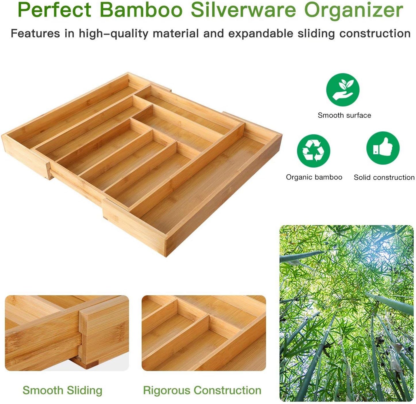Pipishell Bamboo Silverware Organizer, Expandable Cutlery Tray, Utensil Drawer Organizer in Kitchen for Spoons Forks Knives, Multipurpose Use, Natural, Large
