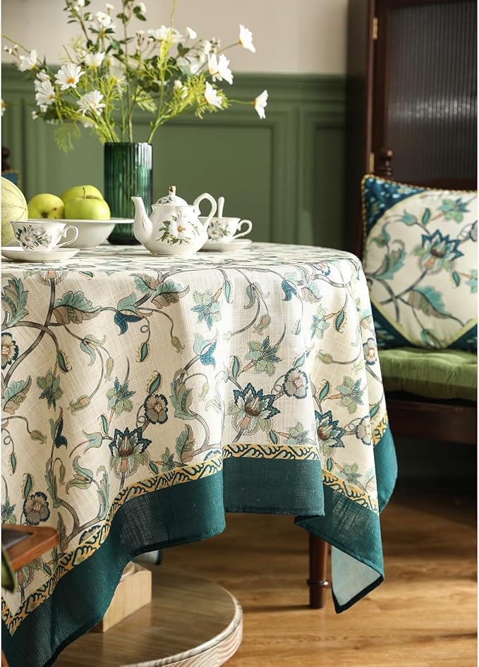 patdrea Designer Green Square Table Cloth,Vintage Floral Linen Durable Breathable French Tablecloth,Dacorative Table Cover for Kitchen Dining,Christmas,Thanksgiving,Tea Party,67"x67"-Noah