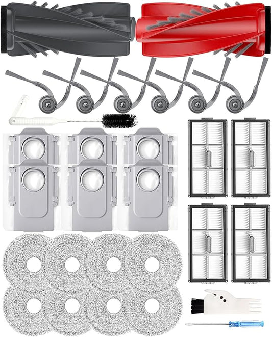 29PCS Replacement Parts Kit for Roborock SAROS 10R/Qrevo CurvX/Qrevo Curv 2 Pro Robot Vacuum: 2 Roller Brushes, 6 Side Brushes, 4 Filters, 8 Mop Pads, 6 Dust Bags| OEM Compatible & Precision Fit