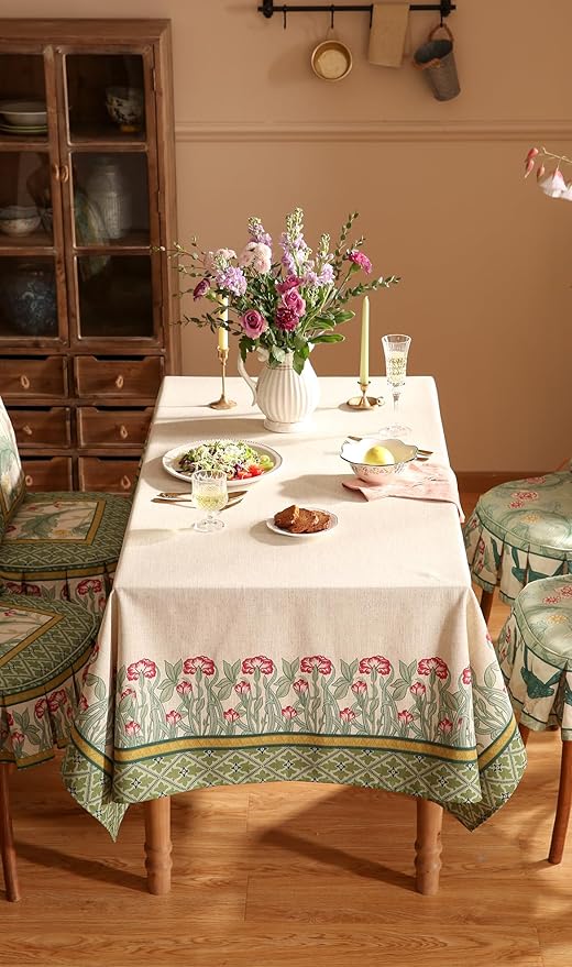 patdrea Designer Green Extra Long Tablecloth for Rectangle Table,Vintage Linen Leaves Pattern Table Cloth,Colorful Floral Cover Decor for Kitchen Dining Christmas Thanksgiving,67"x118"-Cecilia D