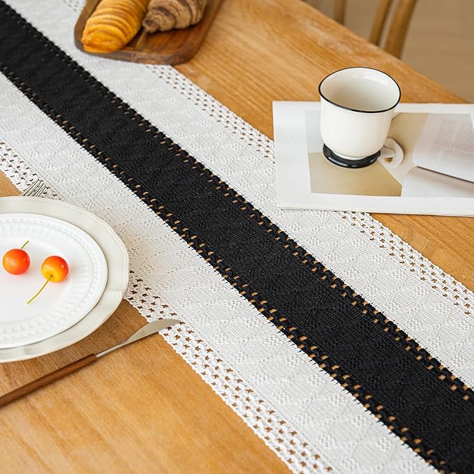 FEXIA Boho Table Runner for Home Decor with Tassels 90 Inches Long,Black Farmhouse Rustic Table Runner Macrame Burlap Table Decoration for Living Room Bridal Shower(12x90 Inches)