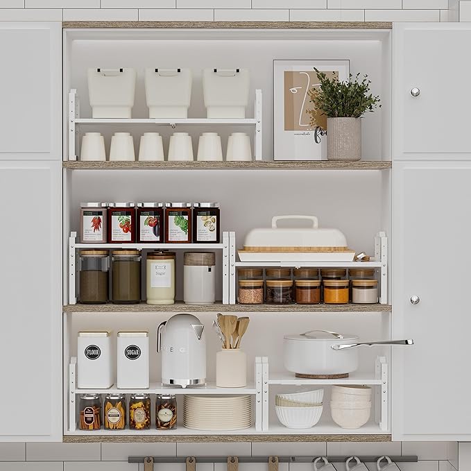 Expandable Shelf for Cabinet Organizer Adjustable Stackable Spice Rack at Kitchen and Bathroom More, Counter Countertop Cupboard Organization Pantry Storage(LARGE/2PACKS/WHITE)